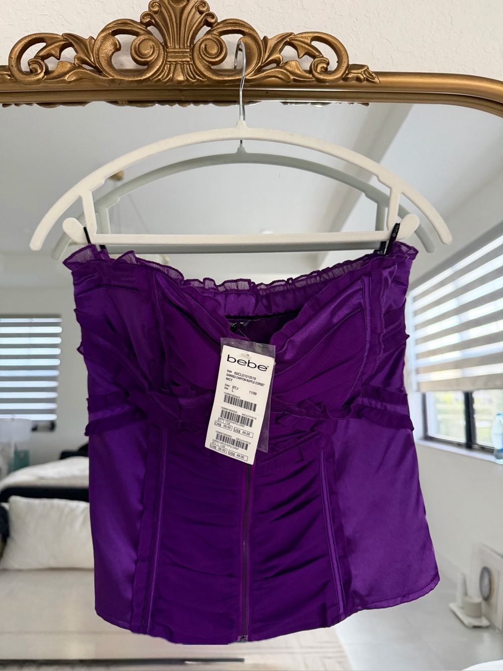 NEw! Bebe Purple Shirred Chiffon Ruffle Corset Top - Size Large